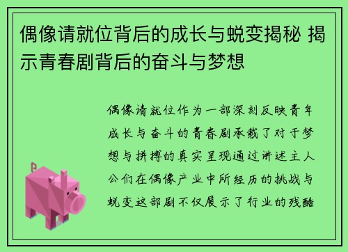 偶像请就位背后的成长与蜕变揭秘 揭示青春剧背后的奋斗与梦想